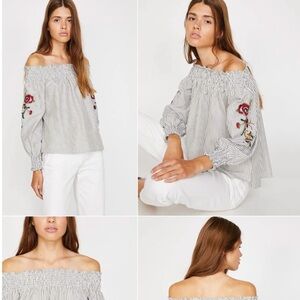 Elegant Striped Off-Shoulder Blouse with Floral Embroidery